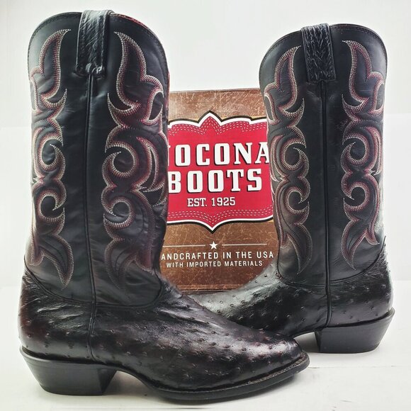 Nocona Boots Black Cherry Full Quill Ostrich Cowboy Barely Worn in Box Men 9.5 D - Picture 1 of 15